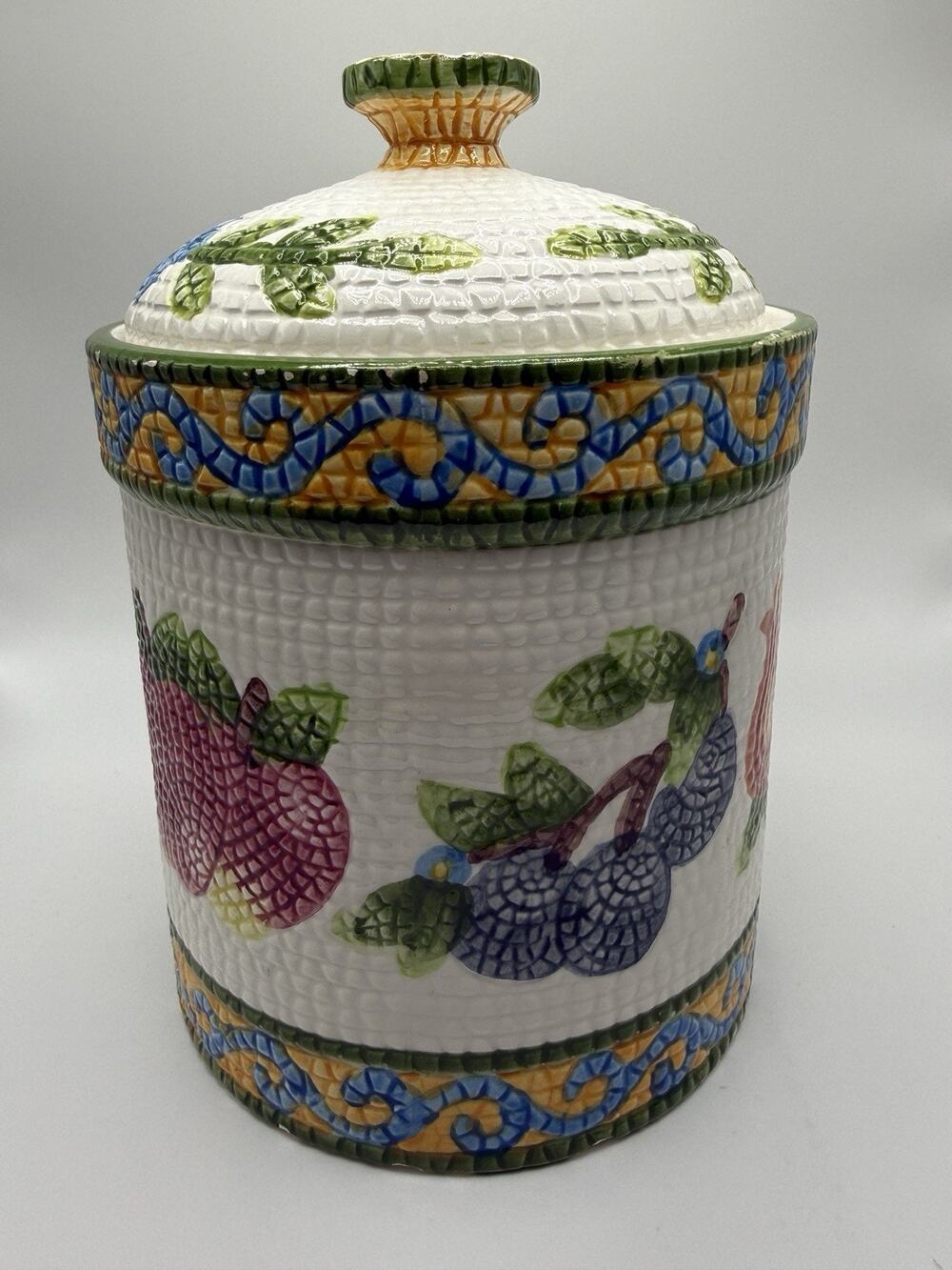 Vintage Canister Fruit Brick Pattern Ceramic Apple Grape Pear Farmhouse Cottage
